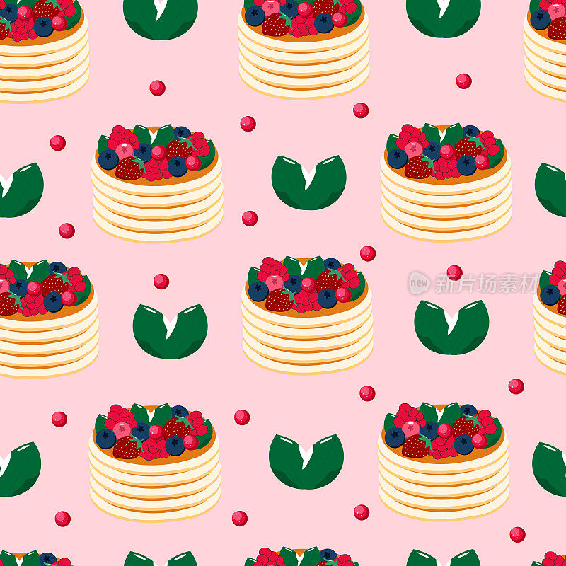 蛋糕的背景。明亮无缝图案的纸杯蛋糕装饰草莓，蓝莓，薄荷，柑橘，樱桃，覆盆子。矢量10 EPS
